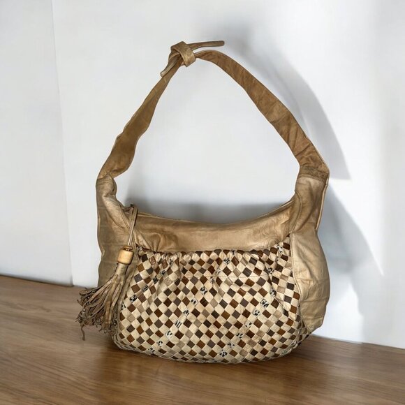VTG Meyers USA Purse Brown Tan Patchwork Croc-embossed Shoulder Bag 80s Boho - Picture 1 of 10